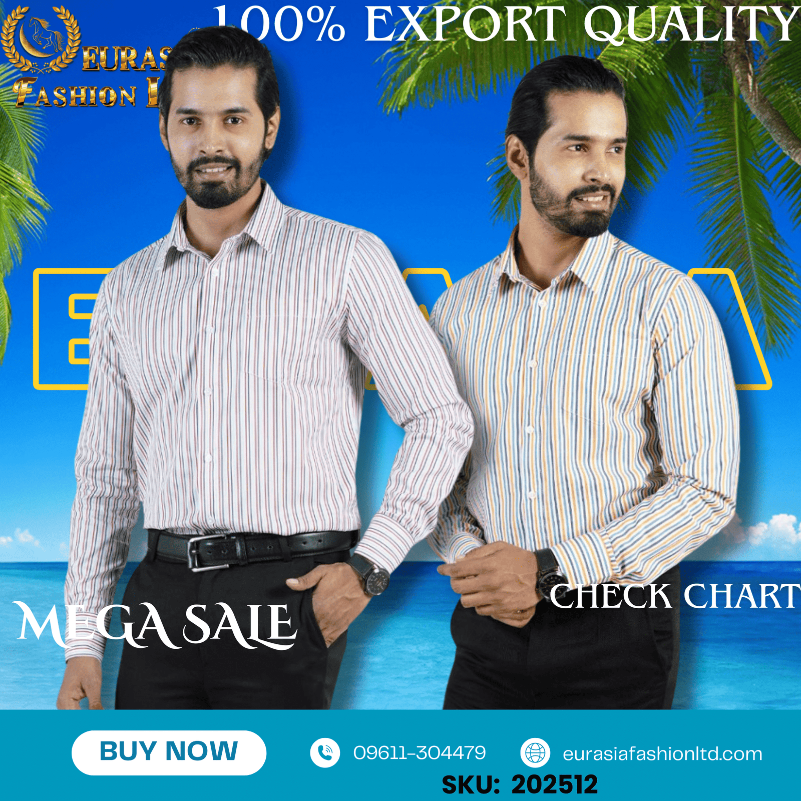 12 100% Export Quality Men's Striped Business Formal Long Sleeve Shirt (EEU) Style Slim Mens Shirt. (2 PCS) - Image 1
