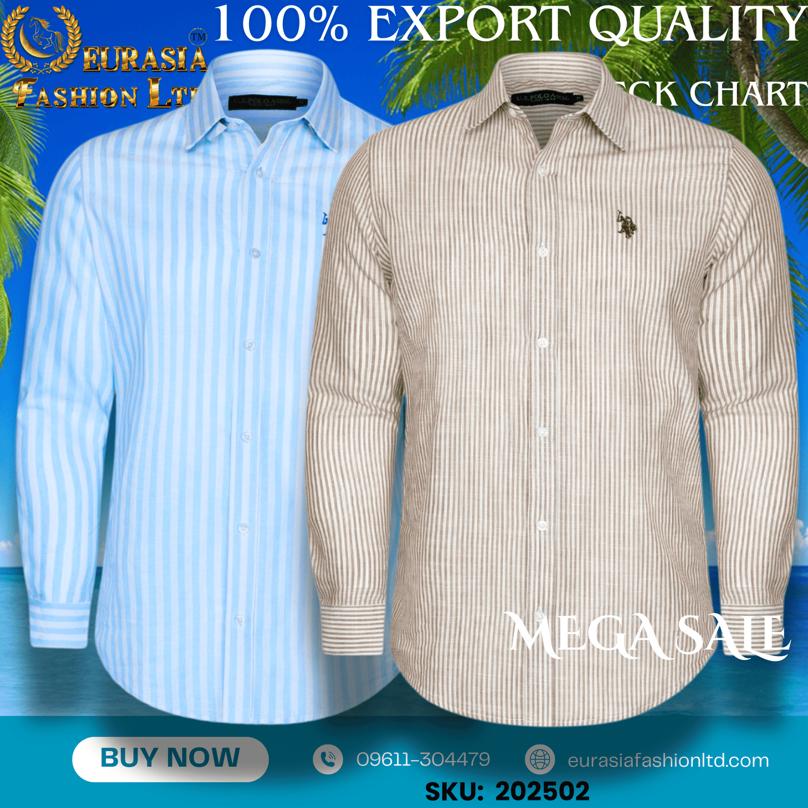 2 100% Export Quality Men's Striped Business Formal Long Sleeve Shirt (EEU) Style Slim Mens Shirt. (2 PCS) - Image 1