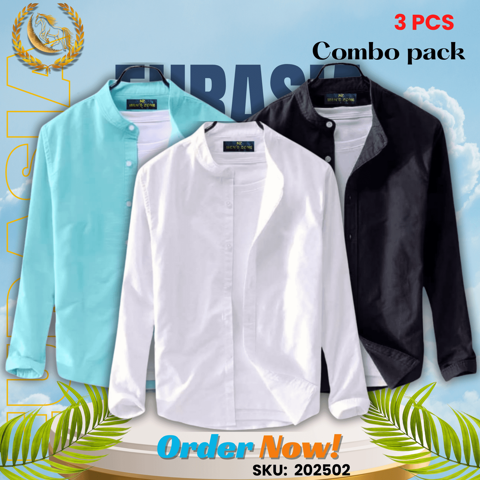 3 PCS (2) 100% Cotton Oxford Long Sleeve Casual Shirt For Men’s (Only Shirt), Combo Pack 3 PCS - Image 1