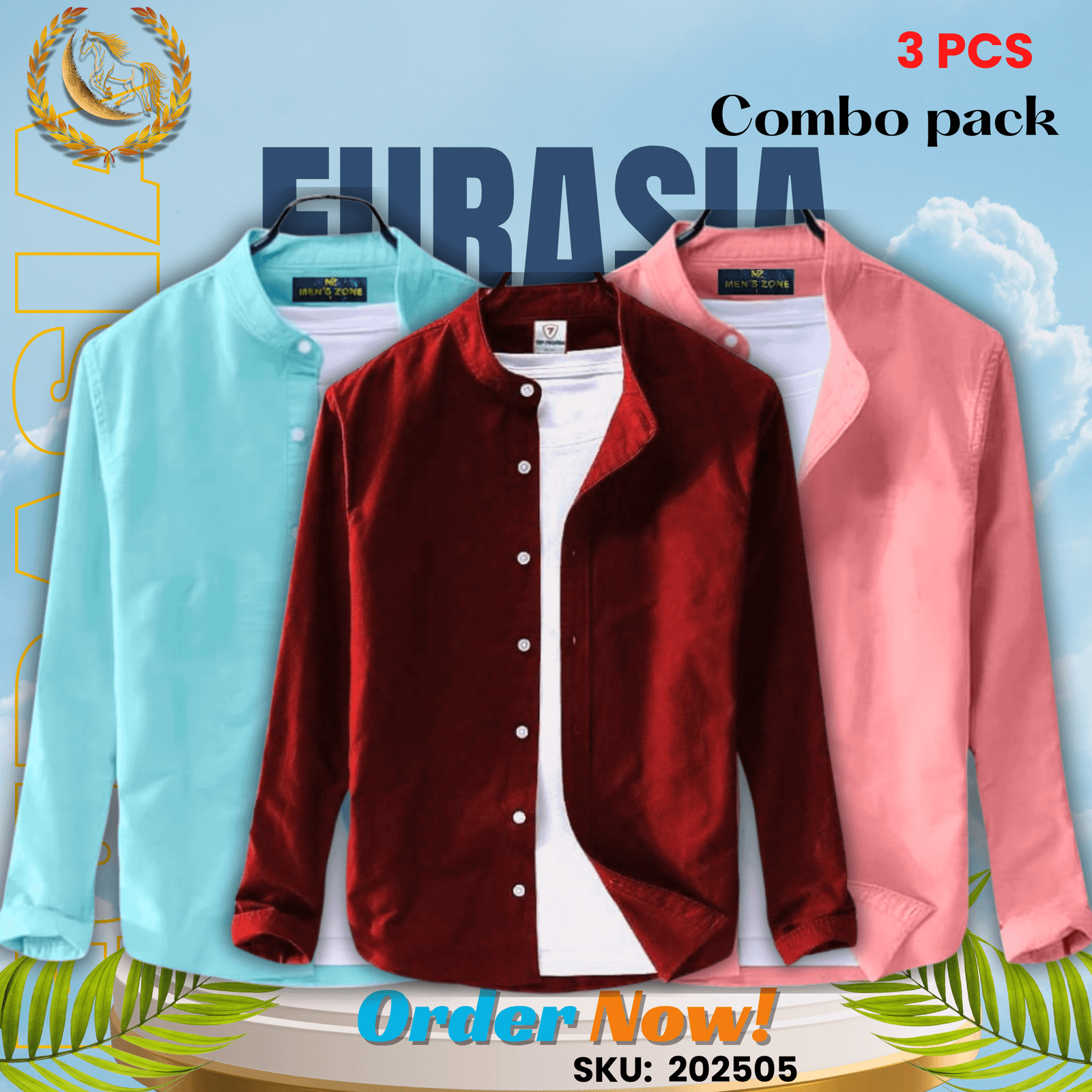 3 PCS (5) 100% Cotton Oxford Long Sleeve Casual Shirt For Men’s (Only Shirt), Combo Pack 3 PCS - Image 1