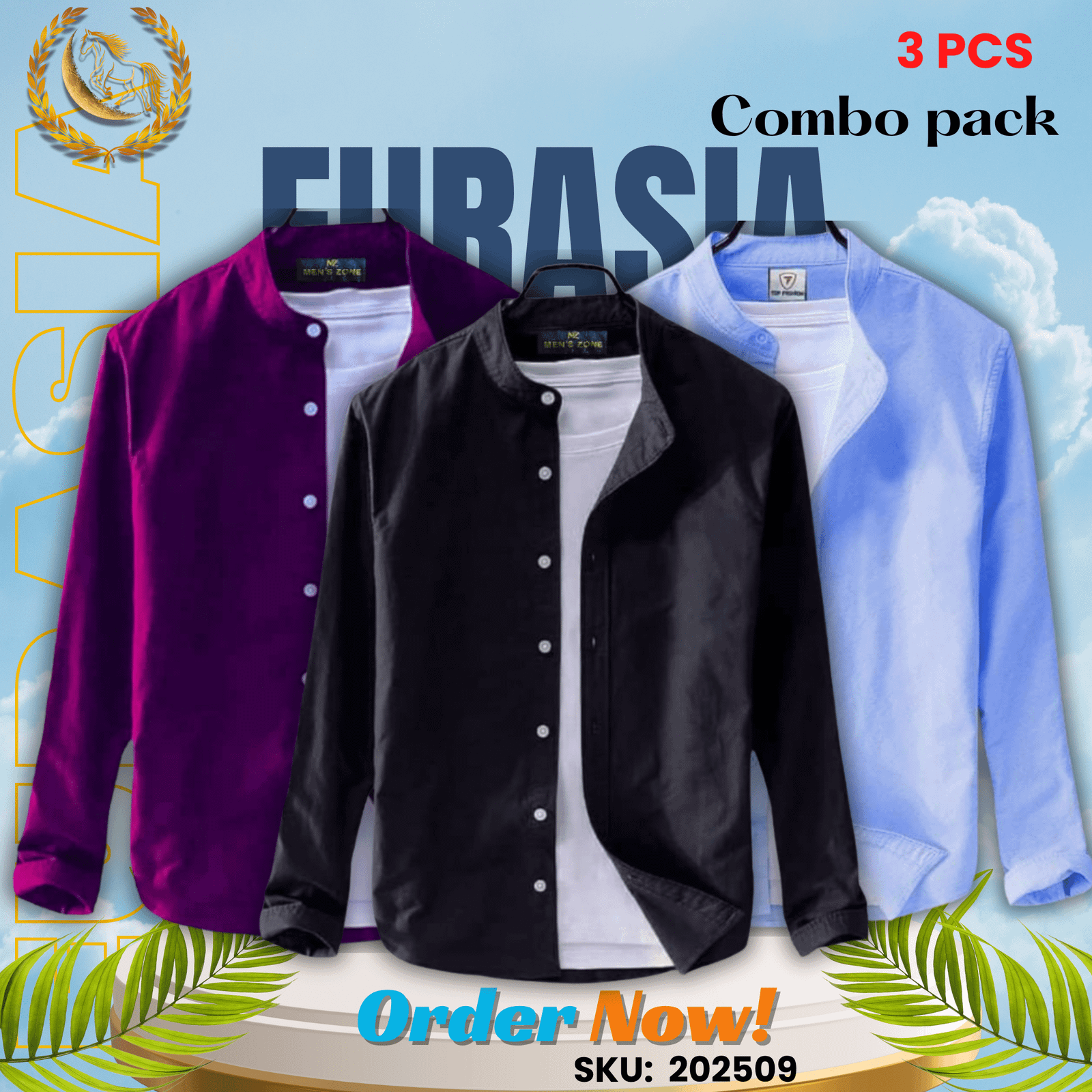 3 PCS (9) 100% Cotton Oxford Long Sleeve Casual Shirt For Men’s (Only Shirt), Combo Pack 3 PCS - Image 1