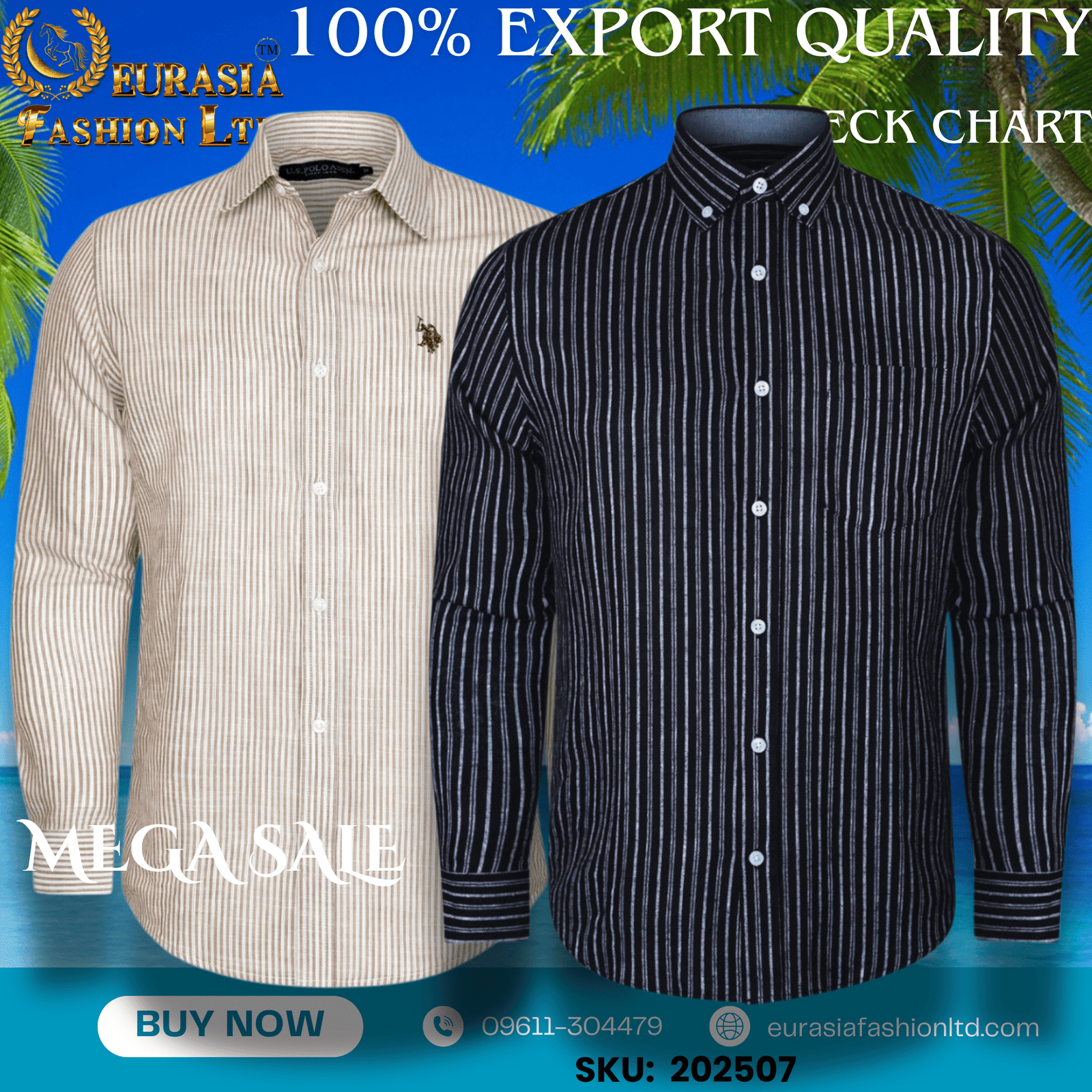 7 100% Export Quality Men's Striped Business Formal Long Sleeve Shirt (EEU) Style Slim Mens Shirt. (2 PCS) - Image 1