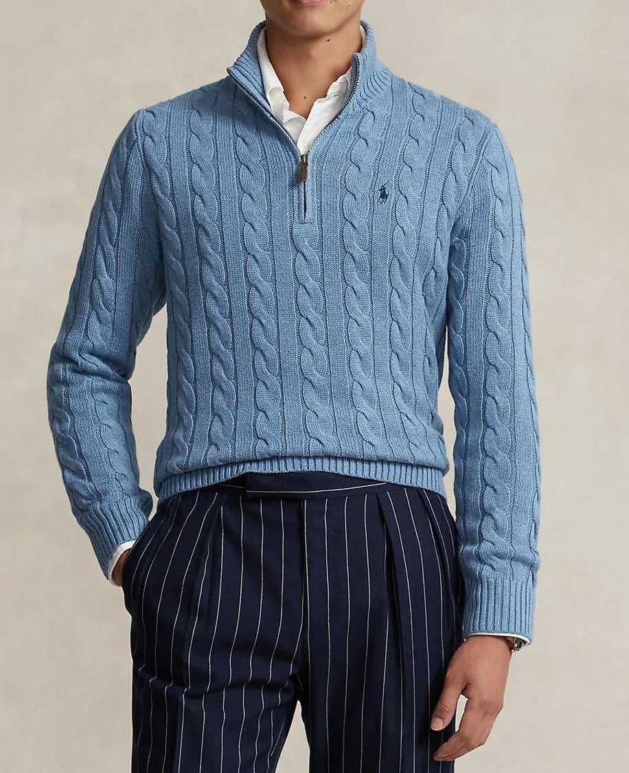 10001 Polo Ralph Lauren Cable-Knit Cotton Quarter-Zip Sweater – Sky Blue - Image 1