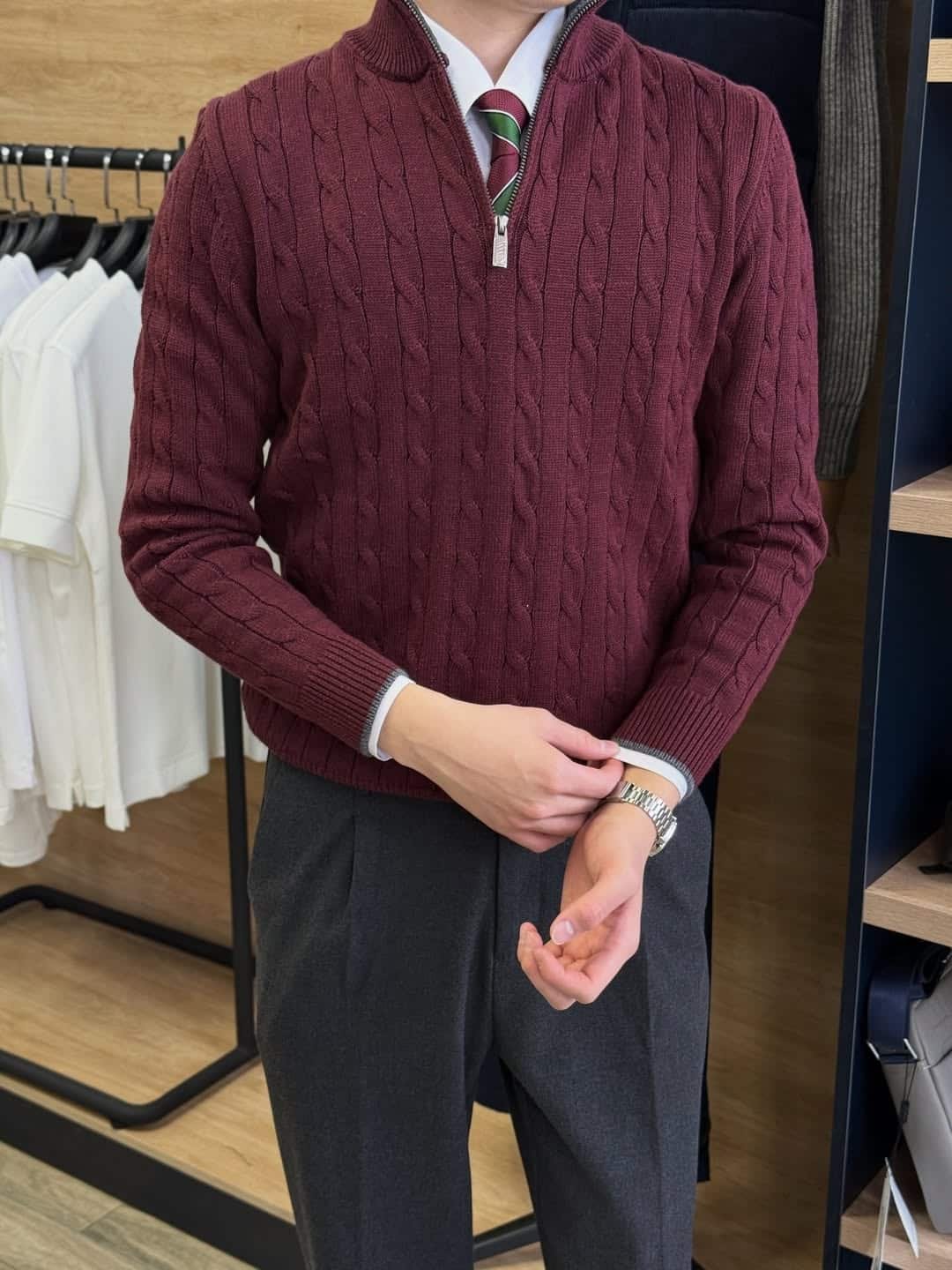 MUSTAFA COLLECTION⠀▪️Свитер-полузамок▪️18.500 ₸▪️Дисконт карта- 15.725 ₸🔻KASPI RED - 🔻KASPI QR (2) Polo Ralph Lauren Cable-Knit Cotton Quarter-Zip Sweater – Maroon - Image 1