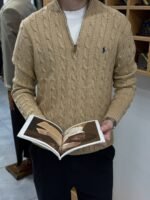 Polo Ralph Lauren Cable-Knit Cotton Quarter-Zip Sweater – Beige