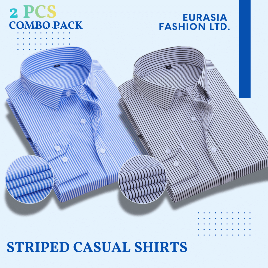Striped Casual Shirts (3) 2 Pes Combo Mens Dress Shirts Long Sleeves Formal Business No Iron Striped Casual Shirts Top -Sky Blue Stripe & Ash Stripe. - Image 1
