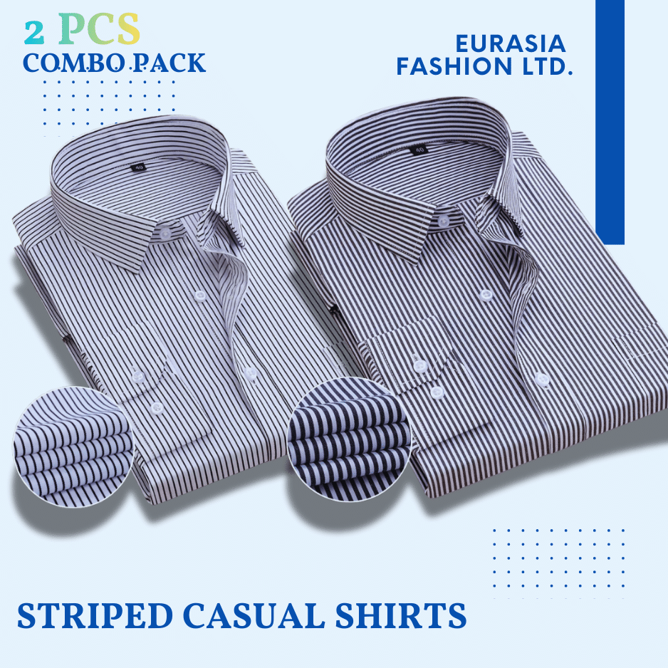 Striped Casual Shirts (6) 2 Pes ComboMens Dress Shirts Long Sleeves Formal Business No Iron Striped Casual Shirts Top -Black Stripe & Ash Stripe. - Image 1