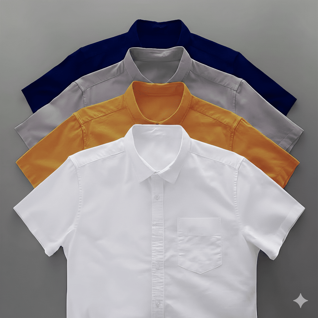 Gemini_Generated_Image_j3npcqj3npcqj3np 4 Pes Combo Short Sleeve Shirt - White, Kathali, Ash & Nevy Blue. - Image 1
